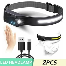 2 PACK COB+LED Headlamp Headlight Torch Flashlight Work Light Bar Head Band Lamp