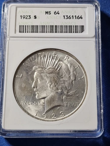 1923 PEACE SILVER DOLLAR GRADED BY ANACS MS64. SOAPBOX!!!