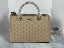 Guess Beige Quilted Kori Purse New Double Handle Zipper Shoulder Strap