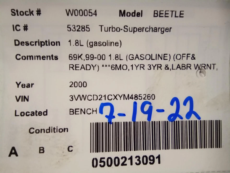 Used Supercharger fits: 2000 Volkswagen Beetle 1.8L gasoline engine ID APH Grade - Imagem 4 de 4