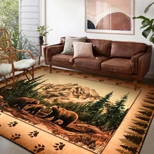 FRAMICS Rustic Cabin Area Rug 5x7, Farmhouse Lodge Bear Moose Deer Rug Washab...