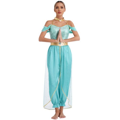 Womens Costume Metallic Dancewear Sleeveless Belly Performance Cosplay Sequin - Picture 10 of 44