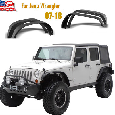 4Pcs Front & Rear Flat Fender Flares for Jeep Wrangler 2007-2018 JK Unlimited