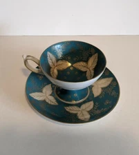 Beautiful Del Mar Teal and Gold Hand Painted Cup and Saucer Set; Made in Japan