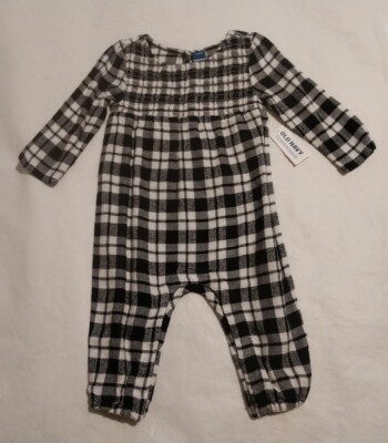 NWT Old Navy Black White Plaid Flannel Smocked Romper 1PC 12-18
