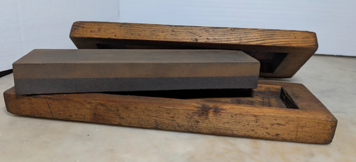 Vintage Whetstone Sharpening Stone Carved Wooden Box Oil Honing Knife Tool