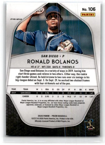 2020 Panini Prizm #106 Ronald Bolanos Carolina Blue Prizm San Diego Padres - Picture 2 of 2