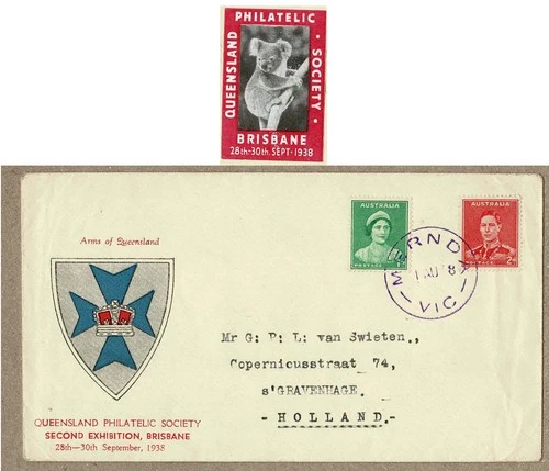 Australia 1938 DieII QE KGVI QPS Exhibition FDC Cinderella Cover to Holland