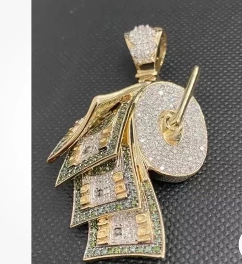 Colgante de dinero en rollo personalizado de diamantes de corte redondo de 3,80 quilates enchapado en oro amarillo de 14 quilates + cadena Foto 4 de 4