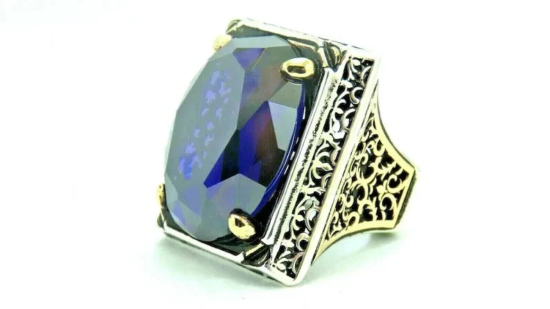 土耳其手工珠宝 925 纯银紫水晶石男士戒指 — 第 2/4 张图片