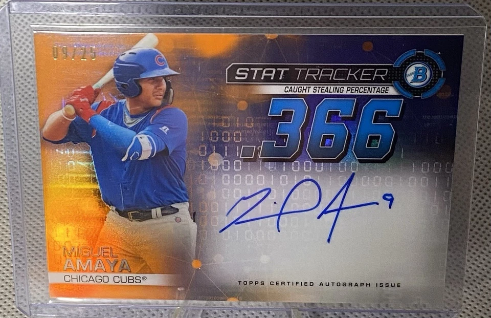 2019 Bowman Chrome Miguel Amaya Stat Tracker STA-MA Orange Refractor Auto 9/25 - Image 2 of 3