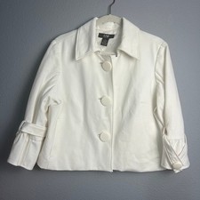 DM New York Ivory Cropped Jacket Blazer Large 3/4 Sleeve Button Front Flare SL