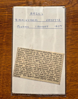 Dover Bay Schmuggel Zeitungsausschnitt maritimer Vorfall 1827 Ephemera