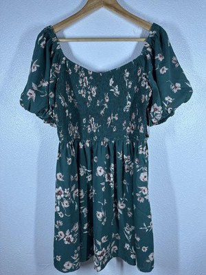 Inspired Hearts Dress Womens 1X Green Floral Smocked Puff Sleeve Boho Sundress