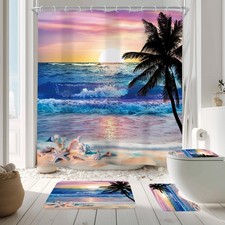 Ocean Sunrise Beach Tropical 4Pcs Bathroom Shower Curtain Set with Rugs