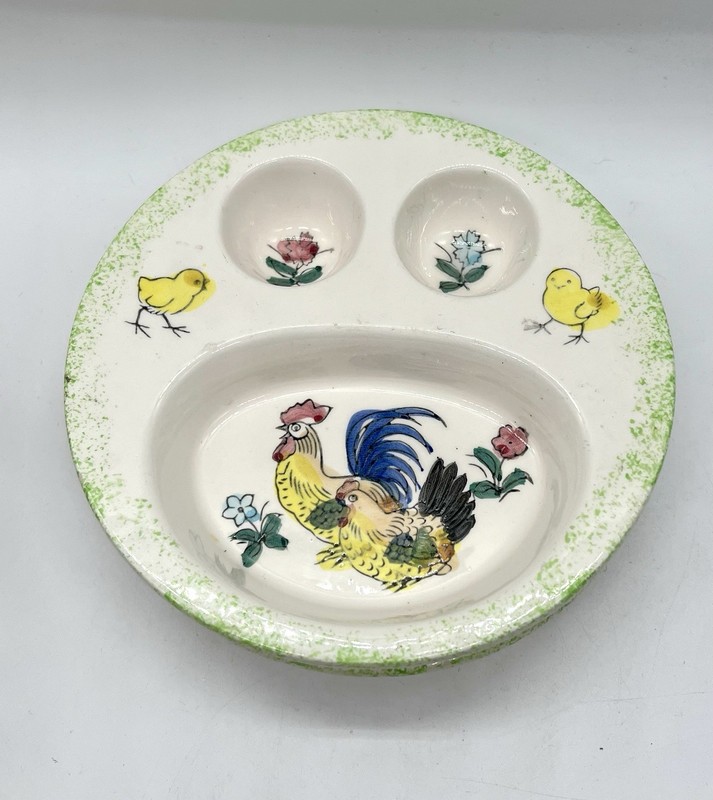 Vintage Rooster & Chick Divided Soft Boil Egg Bowl Set Of 2 Farmhouse Cottage