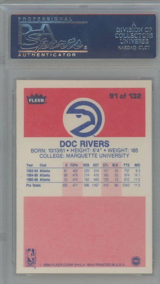 1986-87 FLEER DOC RIVERS RC PSA 9 ATLANTA HAWKS #91 - Image 2 of 2