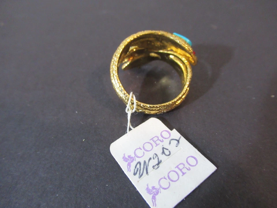 Coro Brushed Gold Tone Snake Ring Blue Stone Red Rhinestone Eyes  NOS size 7.5 - Image 4 of 4