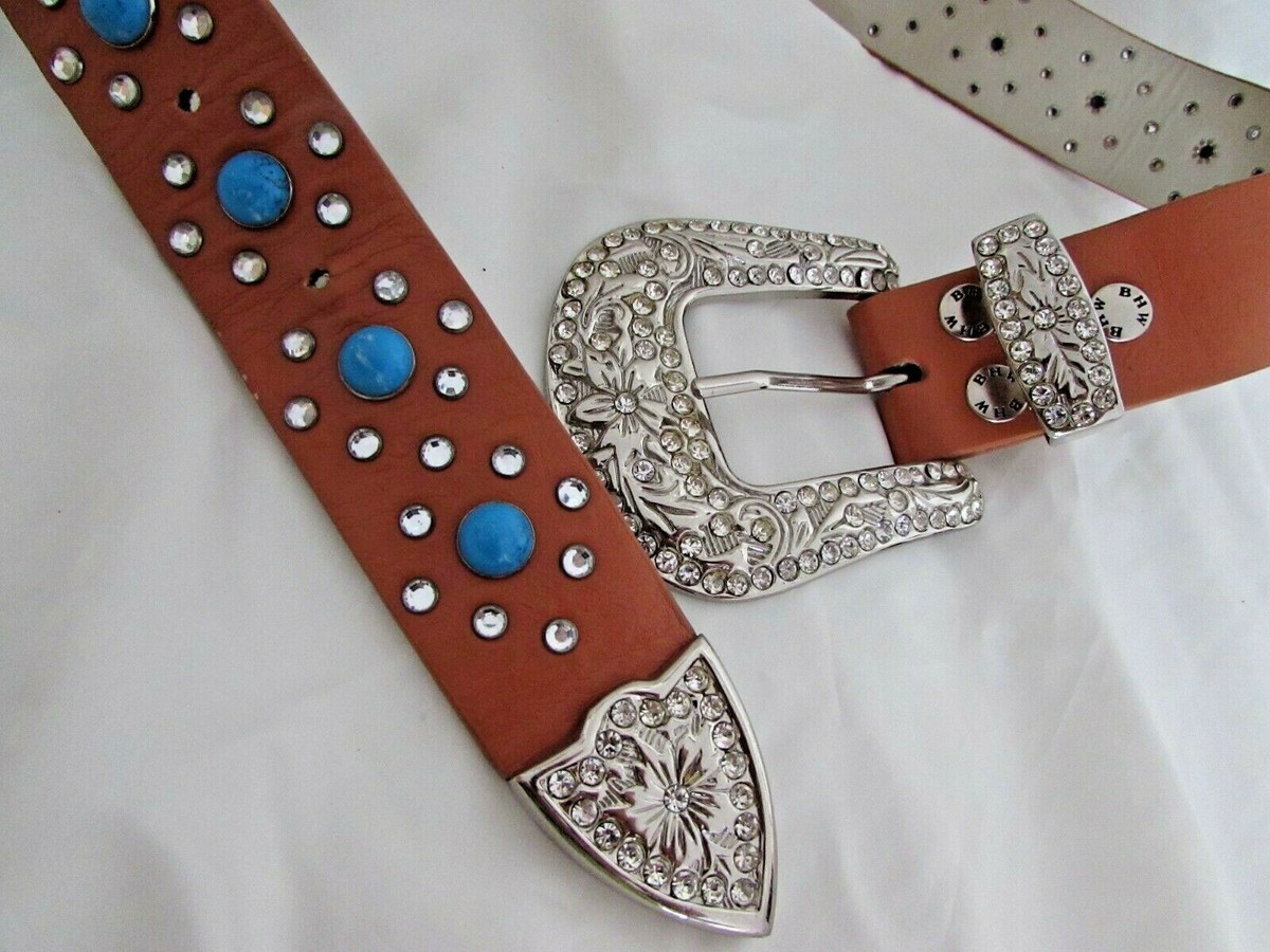 Vintage BHW brown Western cowgirl belt with rhinestones, turquoise cross, gems Brown Rhinestone Western Belt. Unisex Bling Cowboy Belt  main image 4
