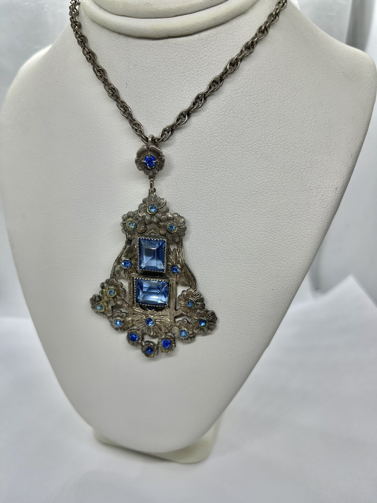 Art Deco Blue Rectangular Czech Glass Silvertone … - image 4