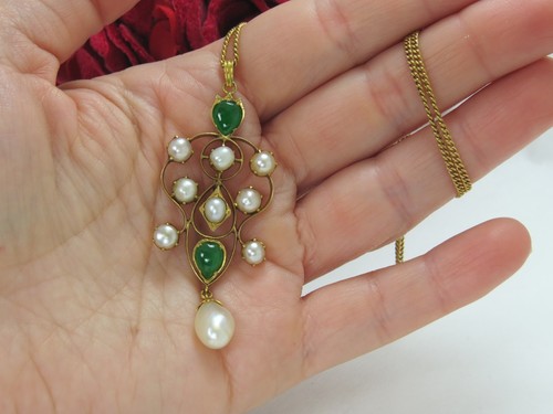 Antique Art Nouveau 18K gold necklace with green jade and pearls, authentic - Picture 9 of 9
