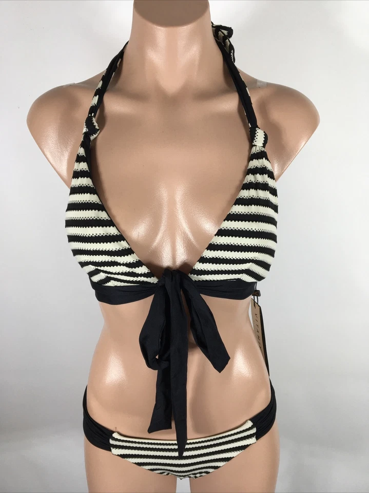 NUEVO NUEVO CON ETIQUETAS Bordado Vitamina A Parte Inferior Descarada M Negro/Blanco Bikini Triángulo Top L Foto 3 de 4