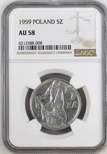 Poland 5 Zloty 1959  NGC AU 58 Aluminum Fisherman