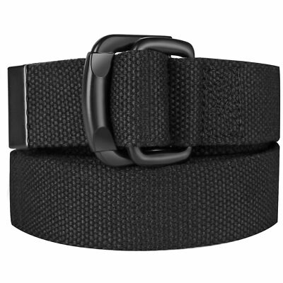 Men Plus Size Canvas Belt Double D Ring Black Fabric Cloth Big and Tall To 190cm