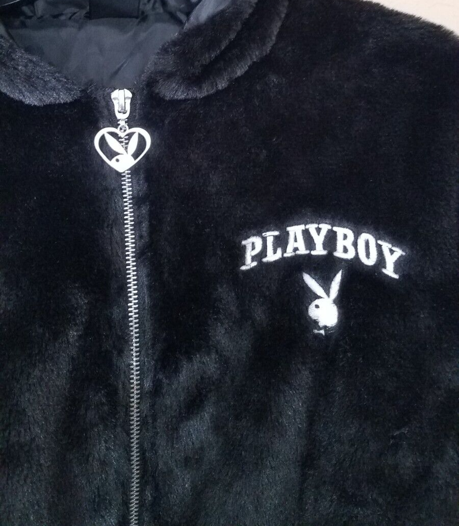 Playboy Jacket Women sz M Black Full Zip Faux Fur Lined