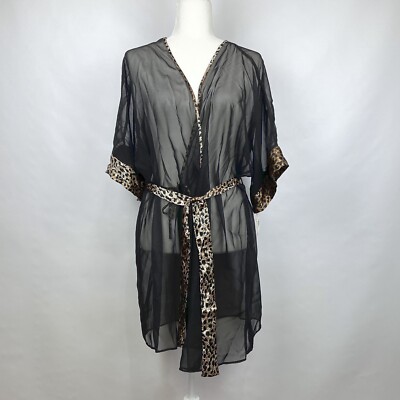 Cinema Etoile Seductive Wear Size M Sexy Black Sheer Leopard Trim Negligee Robe