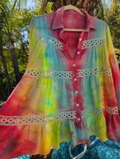 Maya Antonia Hand Tie-Dye Rainbow Soft-Cotton/Flowy/Boho Shirt/Tunic/Bell-Sleeve