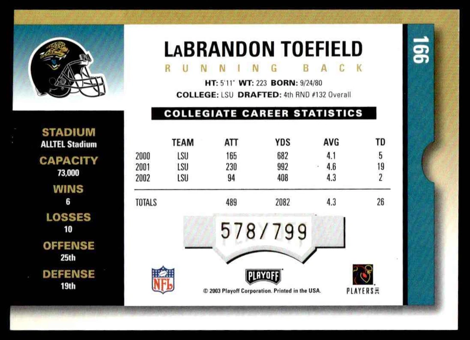 2003 Playoff Contenders LaBrandon Toefield Rookie Auto 578/799 Jacksonville - Image 2 of 2