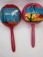 2 Vintage Hand Painted Maracas Shakers Mexico Ocean Scene 8.5" tall