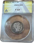 1916-D 50C Barber Silver Quarter ANACS F12 Key PROBLEM FREE Old U.S. Type Coin