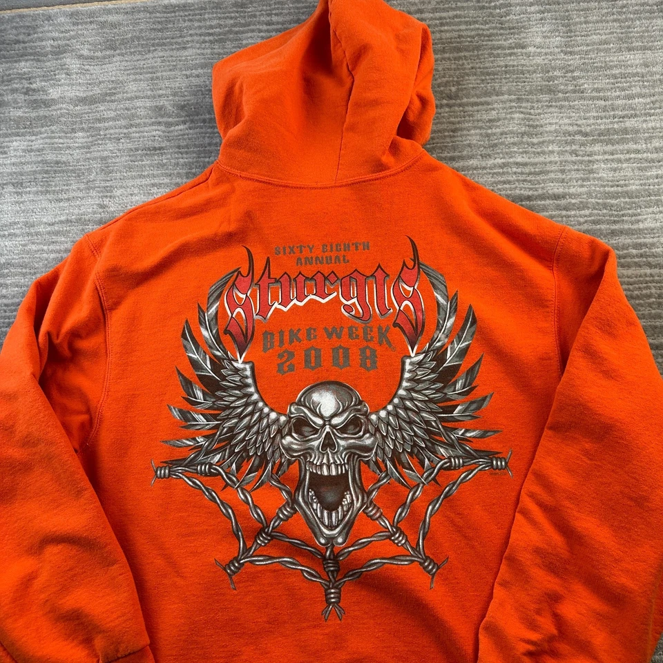 VINTAGE Sturgis Hoodie Mens Large Orange Biker Y2K Grunge Sweatshirt - Image 4 of 4