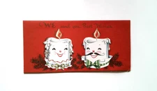 Vintage 1950s Christmas Greeting Card Anthropomorphic Candles Best Wishes