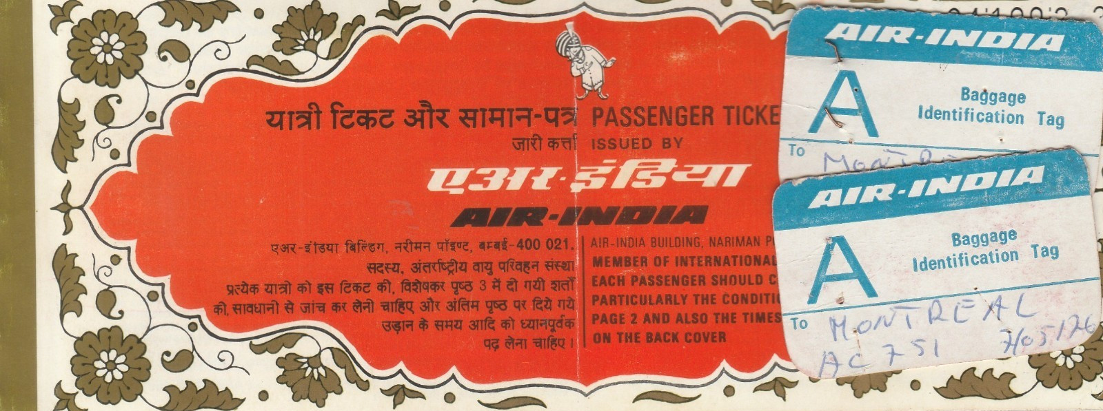 INDIA Rare Passenger Ticket & Baggage Tag & Sticker AIR-INDIA 1986