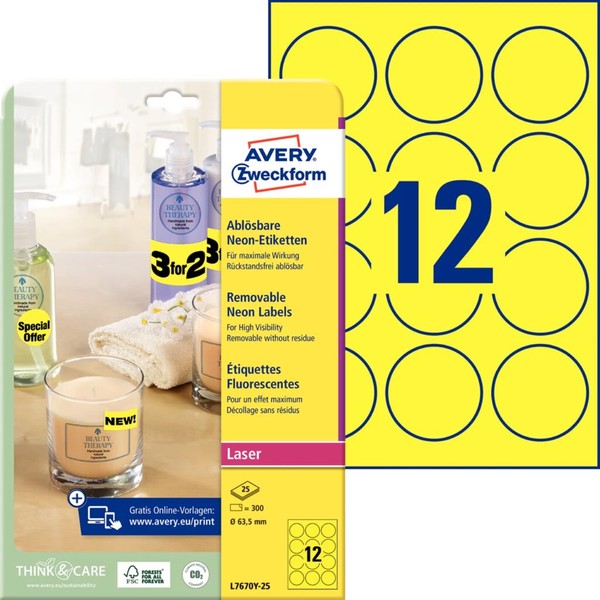 1-20X Avery Zweckform Stick&Lift Etiketten, Rund: 63,5 Mm, Gelb Spare Bis Zu 30%-image