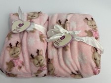 Parents Choice Walmart Pink Reindeer Deer Snowflake Plush Baby Blanket- Lot Of 2