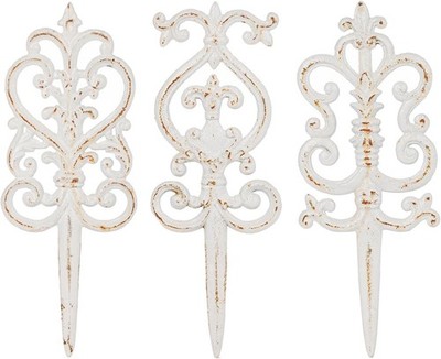 3PC Vintage Cast Iron Garden Stakes 5.3'' Ornate Metal Plant Yard Art White