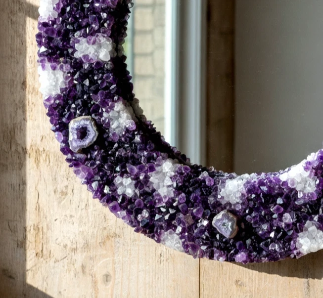 Amethyst Crystal Quartz Round Wall Mirror | Modern Boho Chic Mirror For Home Art - Image 3 of 4