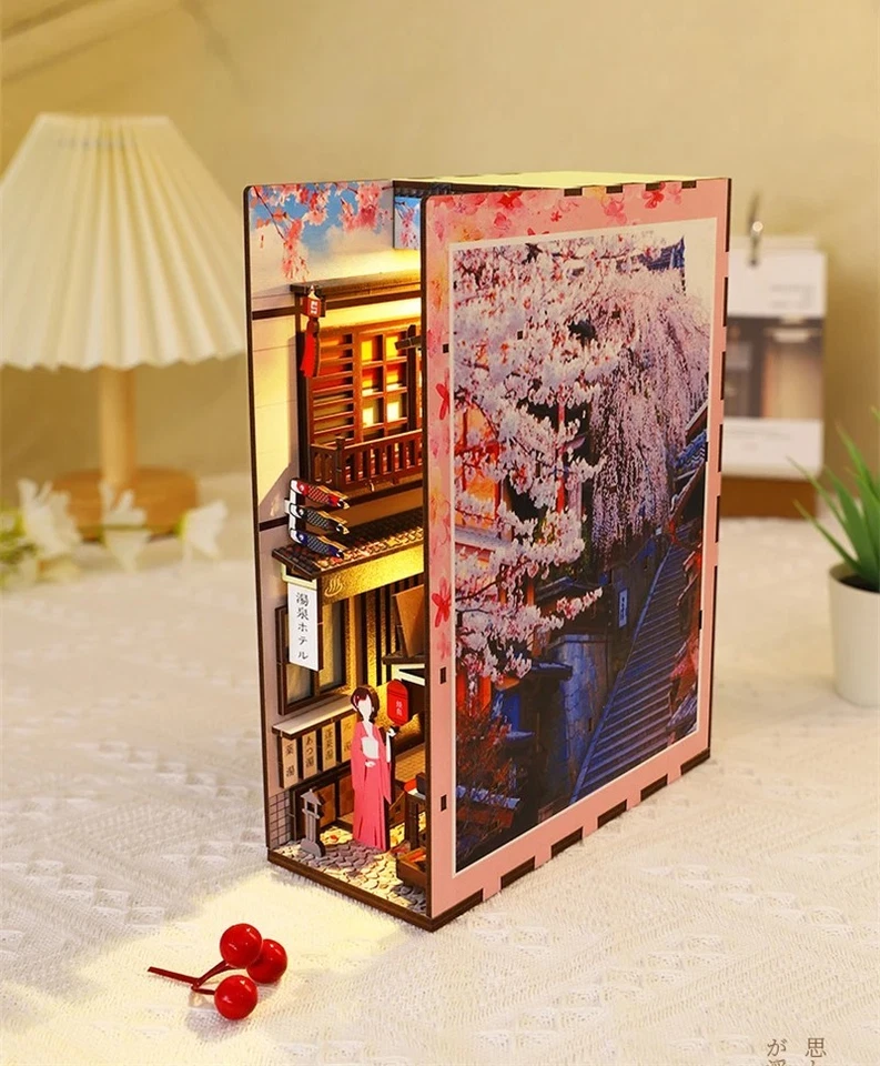 DIY Wooden Book Nook Shelf Insert Kits Miniature Japanese Cherry Blossom Gifts - Image 2 of 4