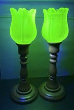 Faroy Vaseline Satin Glass Tulip Candle Holders Wooden Candlestick Holders