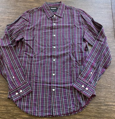 New BONOBOS Mens Slim Fit Plum Multi Plaid LS Shirt Medium NWOT Showroom Sample