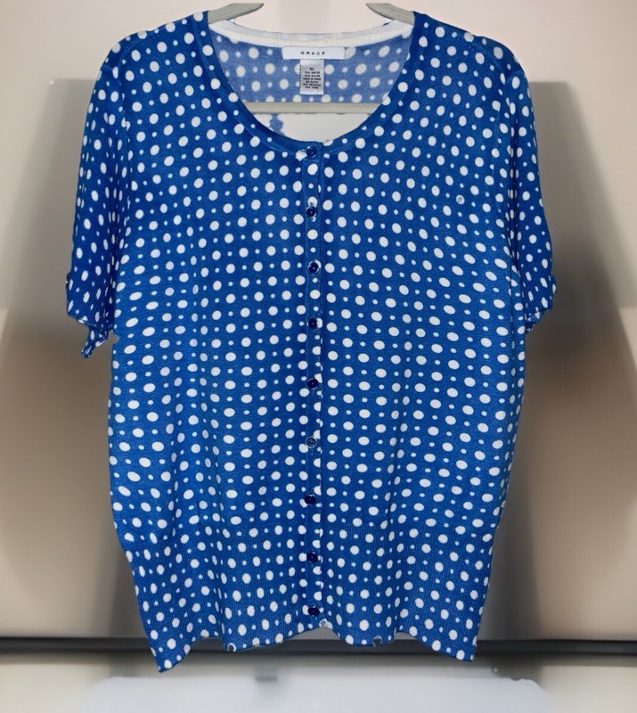 Woman’s Short Sleeve Cardigan Button Up Blue White Polka Dots Size XL CUTE!
