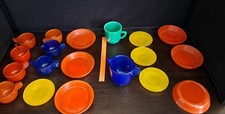 19PC Akro Agate Children  s Tea Set Orange, Yellow Blue, Green Plates Cups Bowls