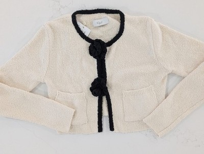 Kijun Cropped Crochet Knit Jacket Ivory White Flower Closure Size S