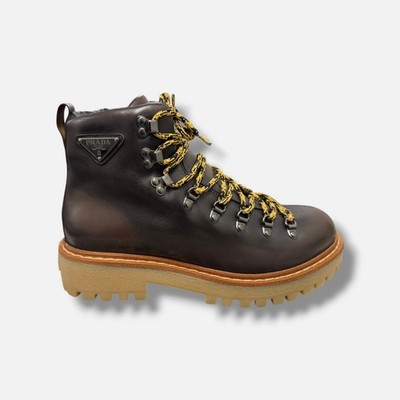 Prada Men's Brown St. Moritz Burnished Calfskin Hiking Boot Shoe Size UK:9 US:10