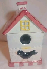 Vintage Birdhouse Ceramic Cookie Jar w/ Blackbird and Flowers  10.5” Tall