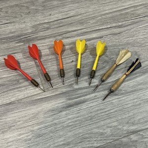 Vintage Plastic Red, Orange Yellow And Feather Dart Set